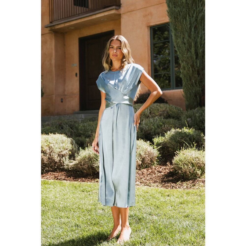 Bohme Rosalind Midi Wrap Satin Dress in Blue Small Preppy Formal Wedding Modest